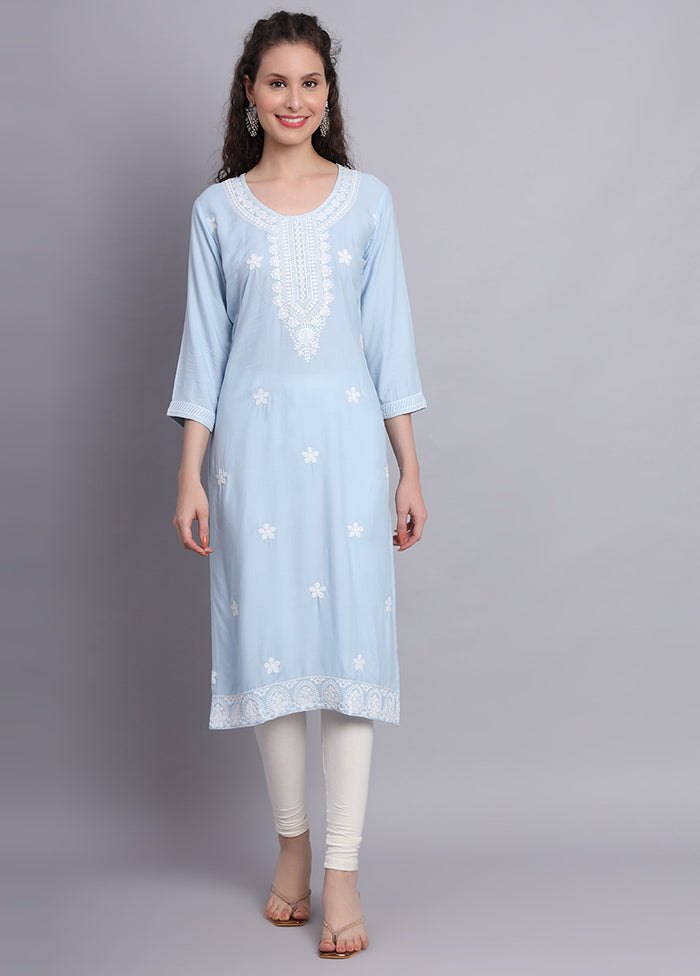 Sky Blue Readymade Rayon Chikankari Kurti