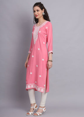 Pink Readymade Rayon Chikankari Kurti