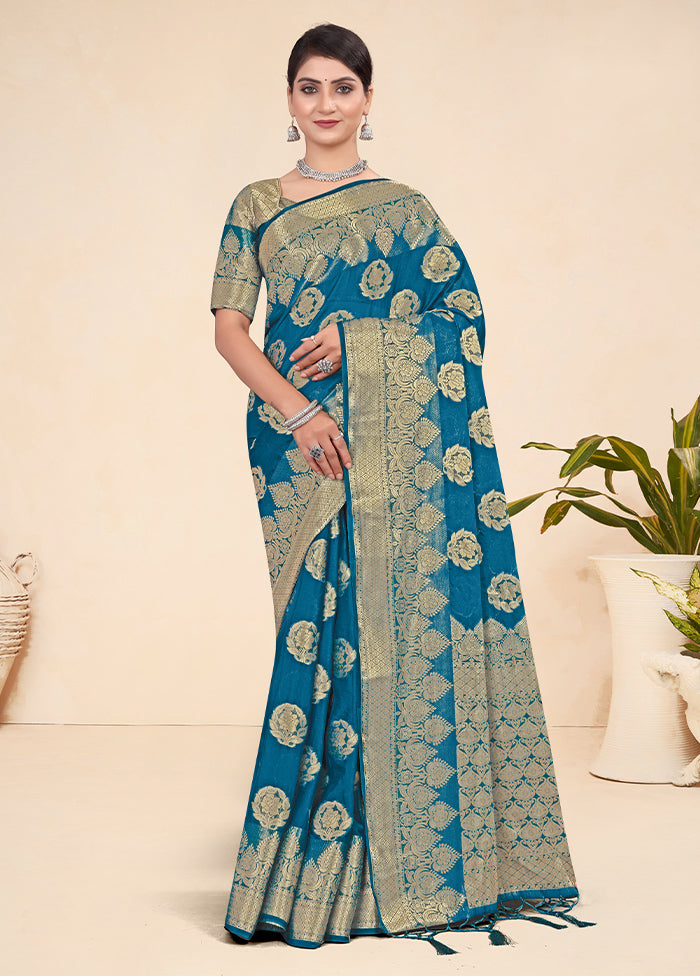 Teal Blue Spun Silk Saree With Blouse Piece