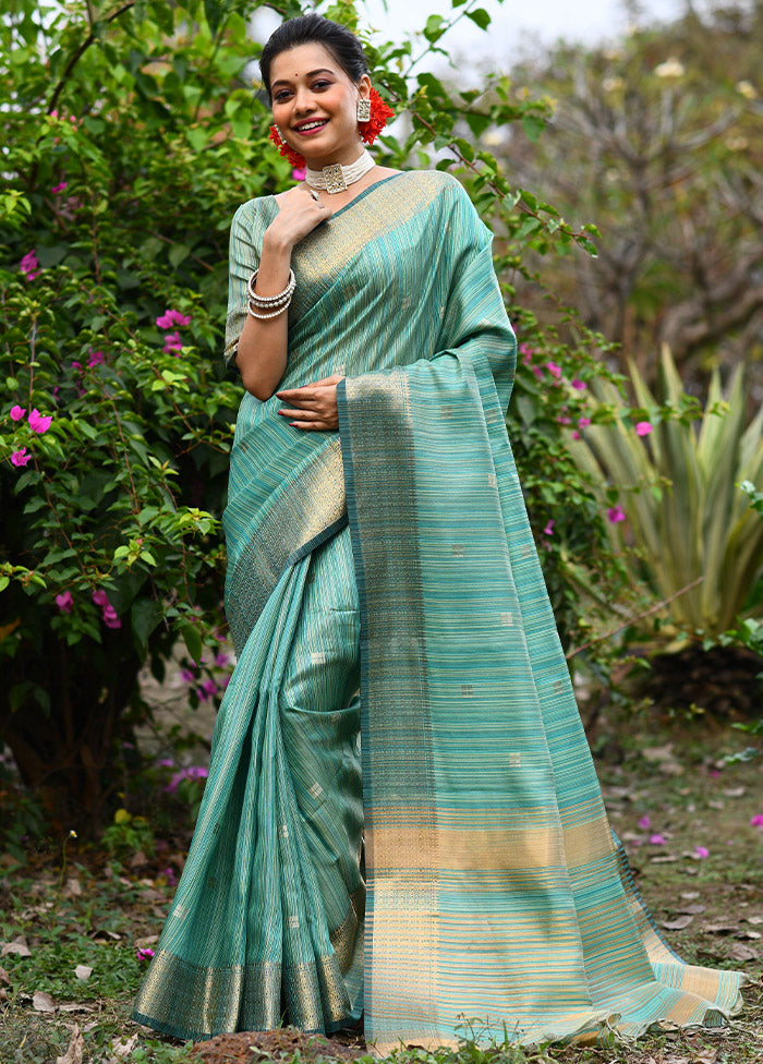 Sea Green Dupion Silk Saree With Blouse Piece