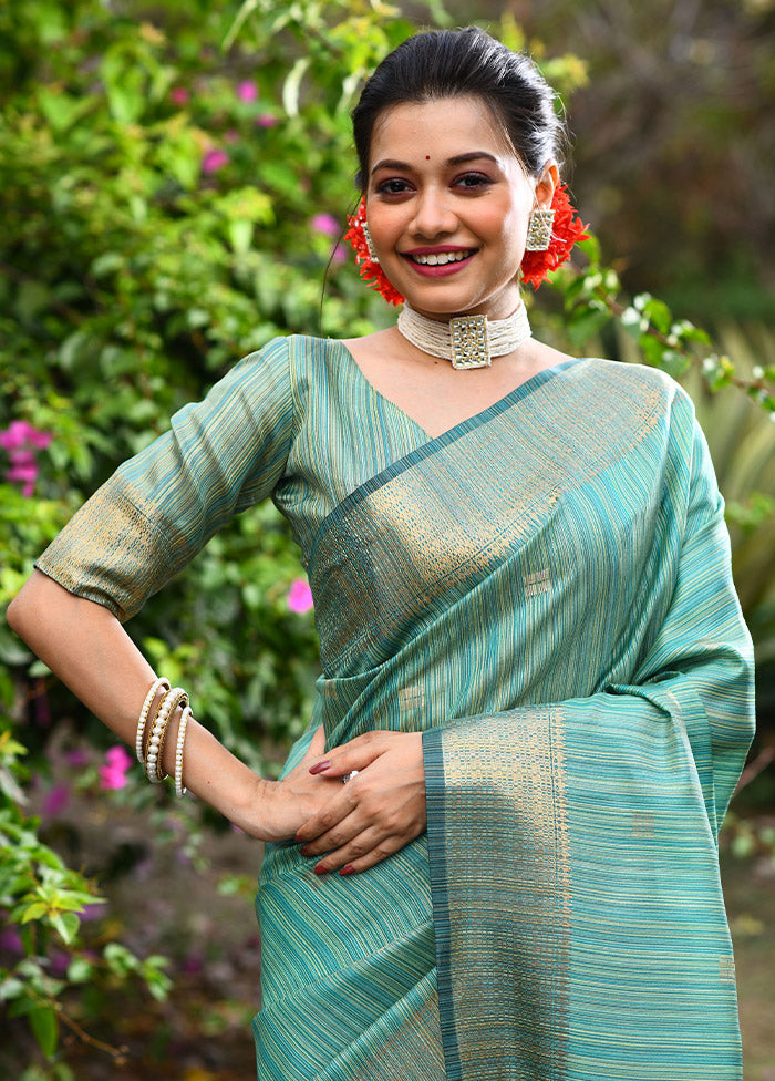 Sea Green Dupion Silk Saree With Blouse Piece