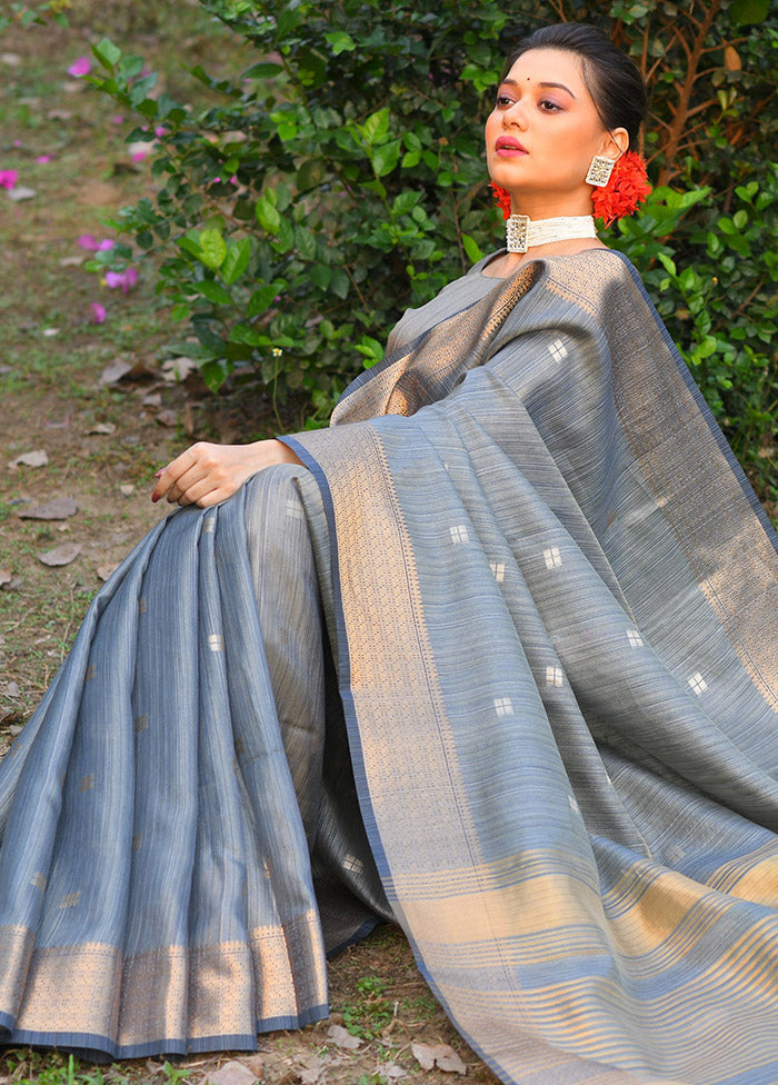 Grey Dupion Silk Saree With Blouse Piece