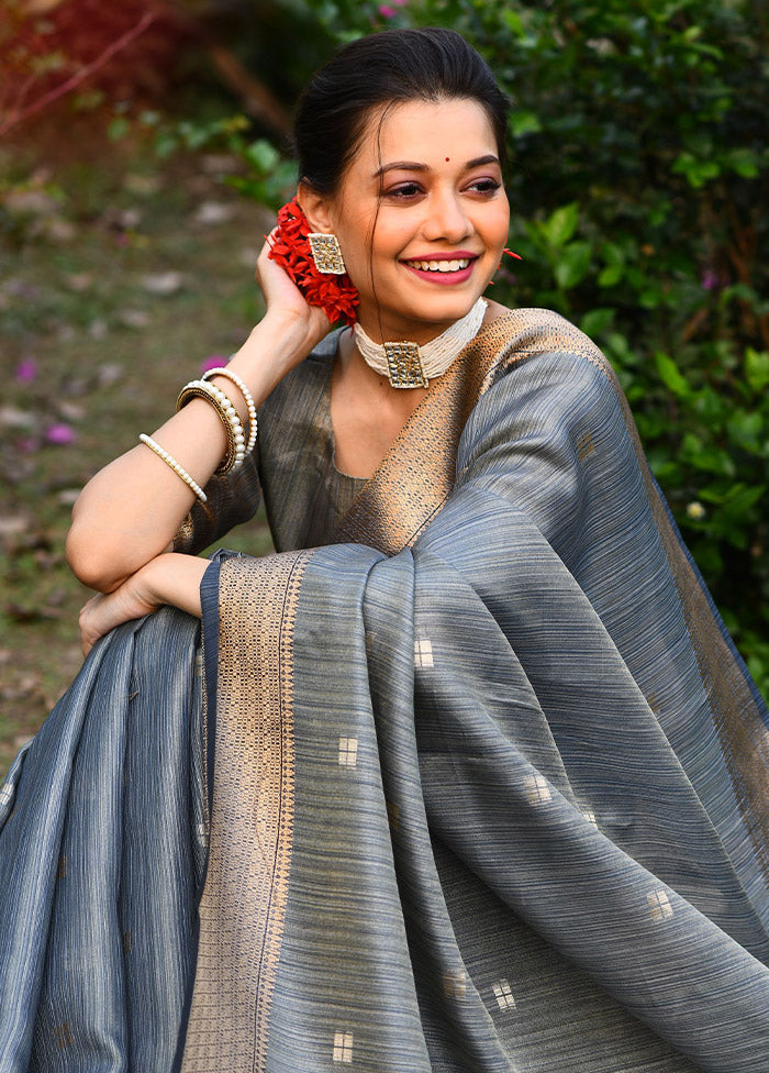 Grey Dupion Silk Saree With Blouse Piece