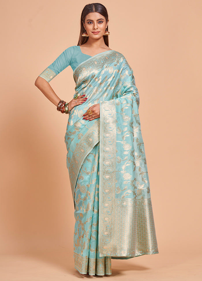 Blue Organza Saree With Blouse Piece