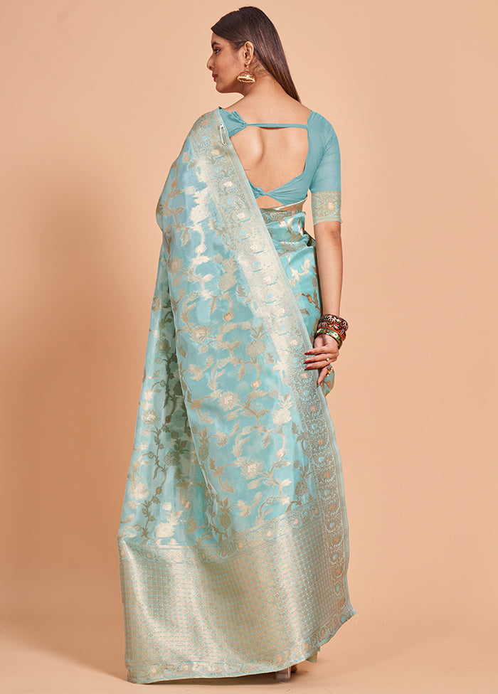 Blue Organza Saree With Blouse Piece