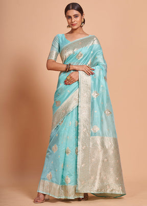 Blue Organza Saree With Blouse Piece