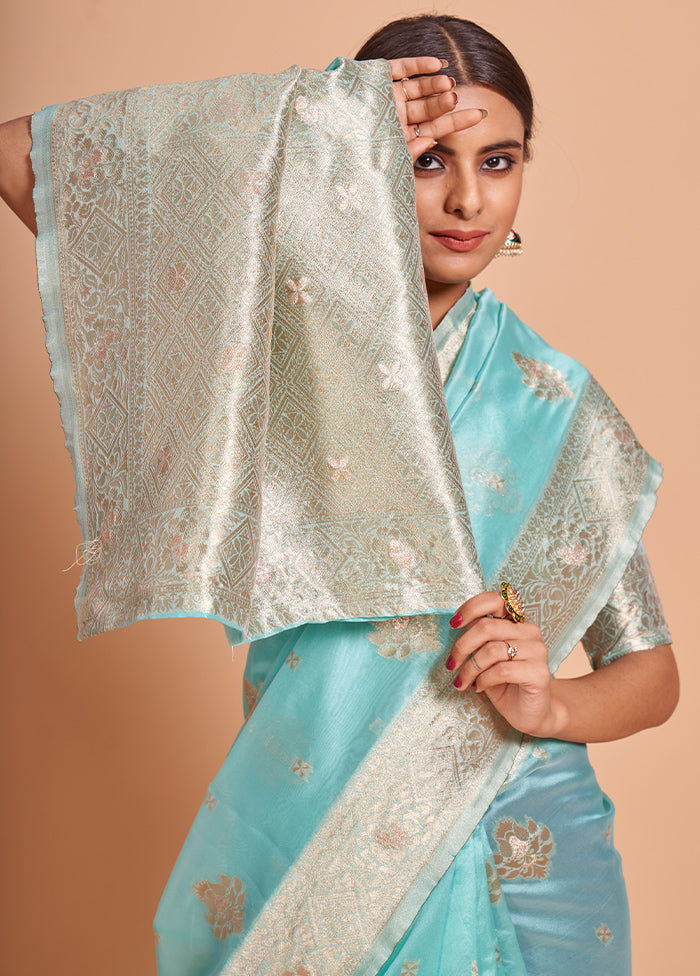 Blue Organza Saree With Blouse Piece