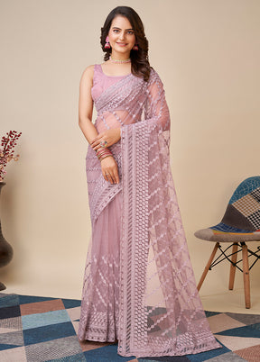 Purple Net Saree With Blouse Piece