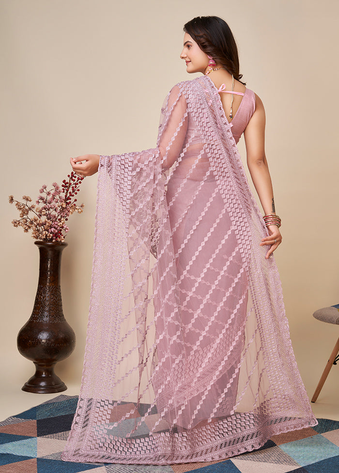 Purple Net Saree With Blouse Piece