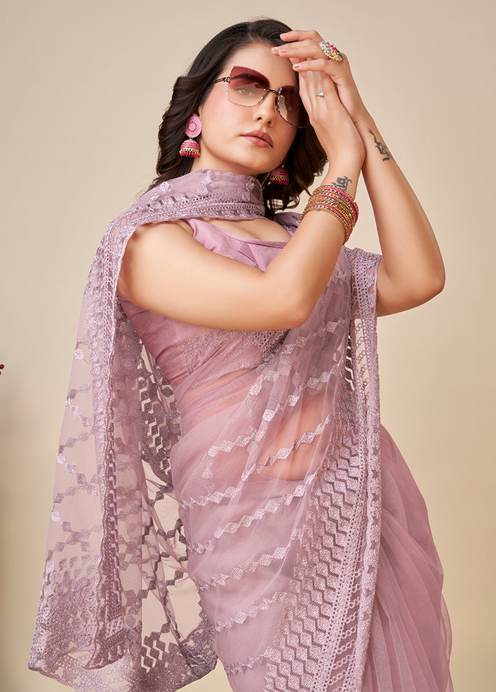 Purple Net Saree With Blouse Piece