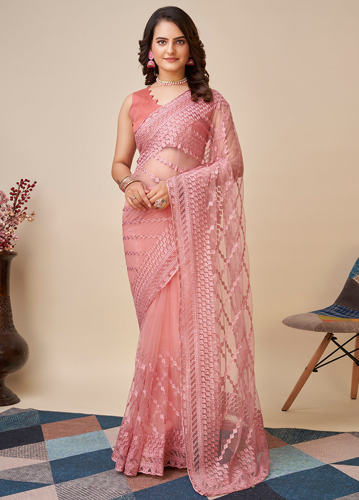 Pink Net Saree With Blouse Piece