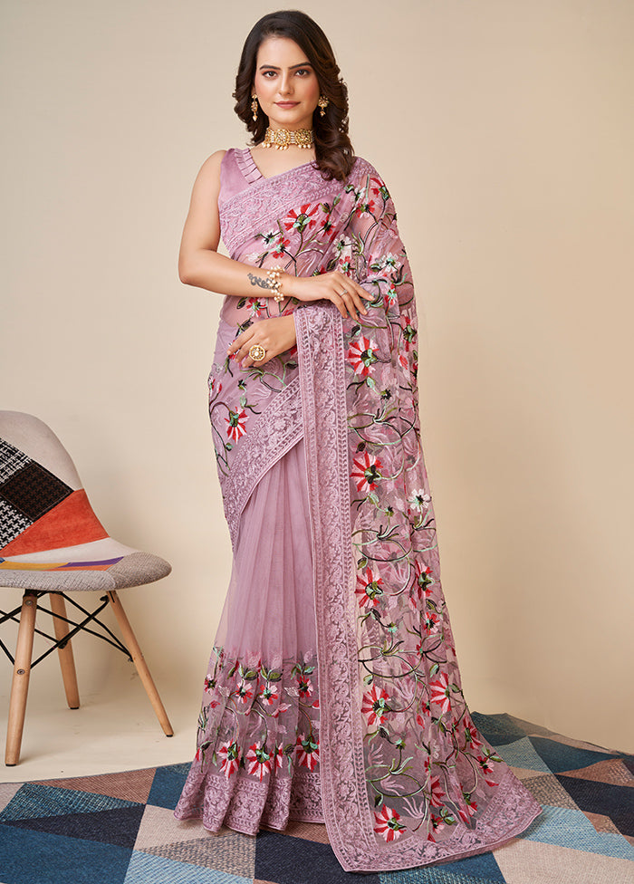 Purple Net Saree With Blouse Piece