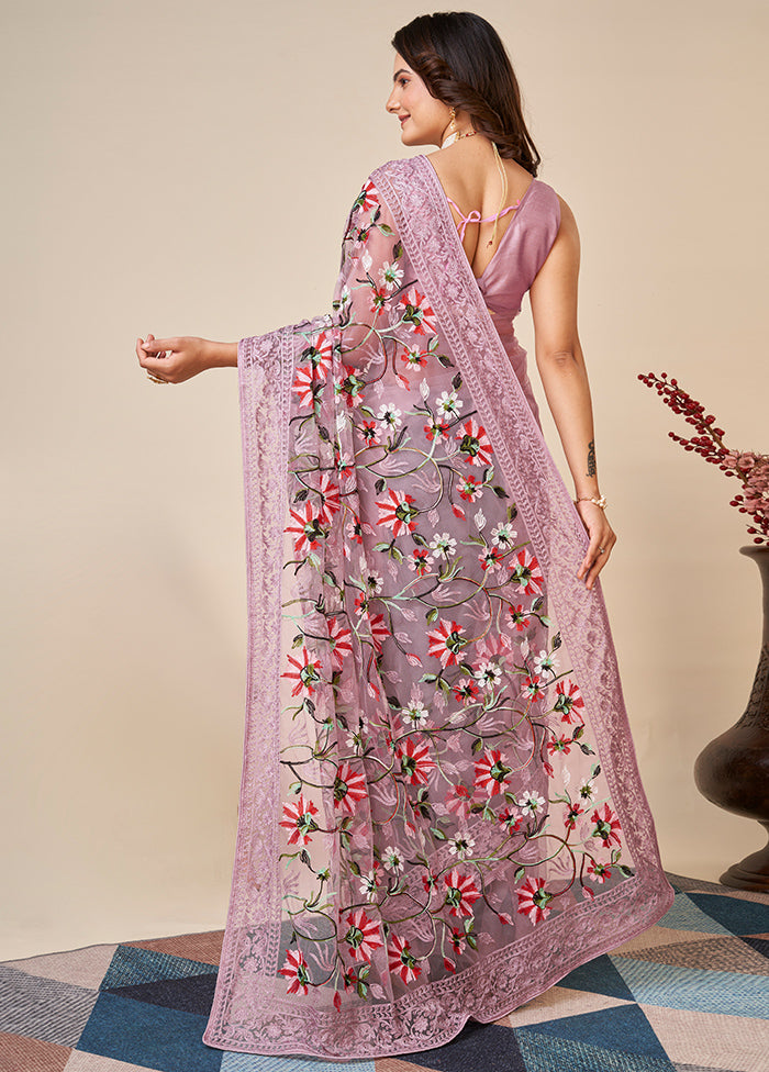 Purple Net Saree With Blouse Piece