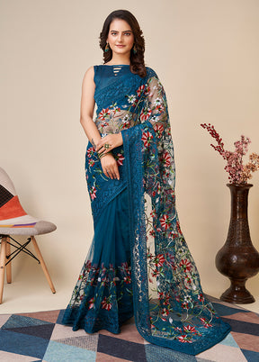 Teal Blue Net Saree With Blouse Piece