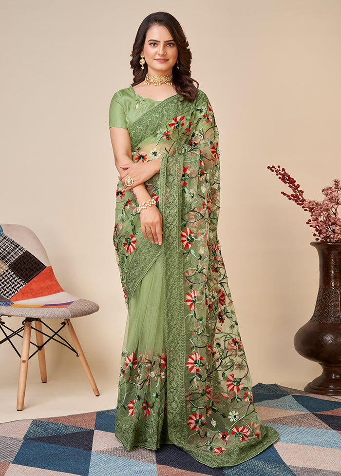 Green Net Saree With Blouse Piece