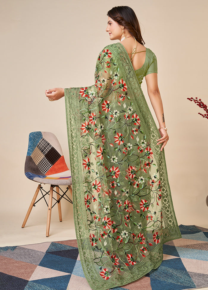 Green Net Saree With Blouse Piece