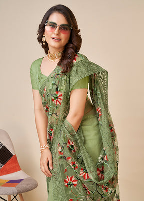 Green Net Saree With Blouse Piece