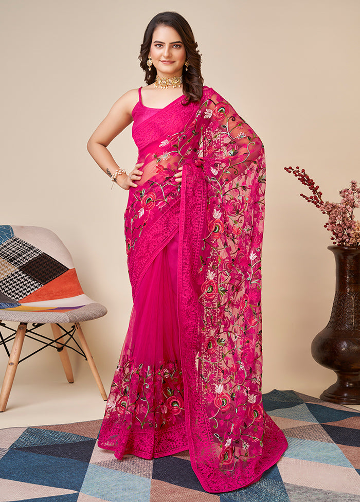 Pink Net Saree With Blouse Piece