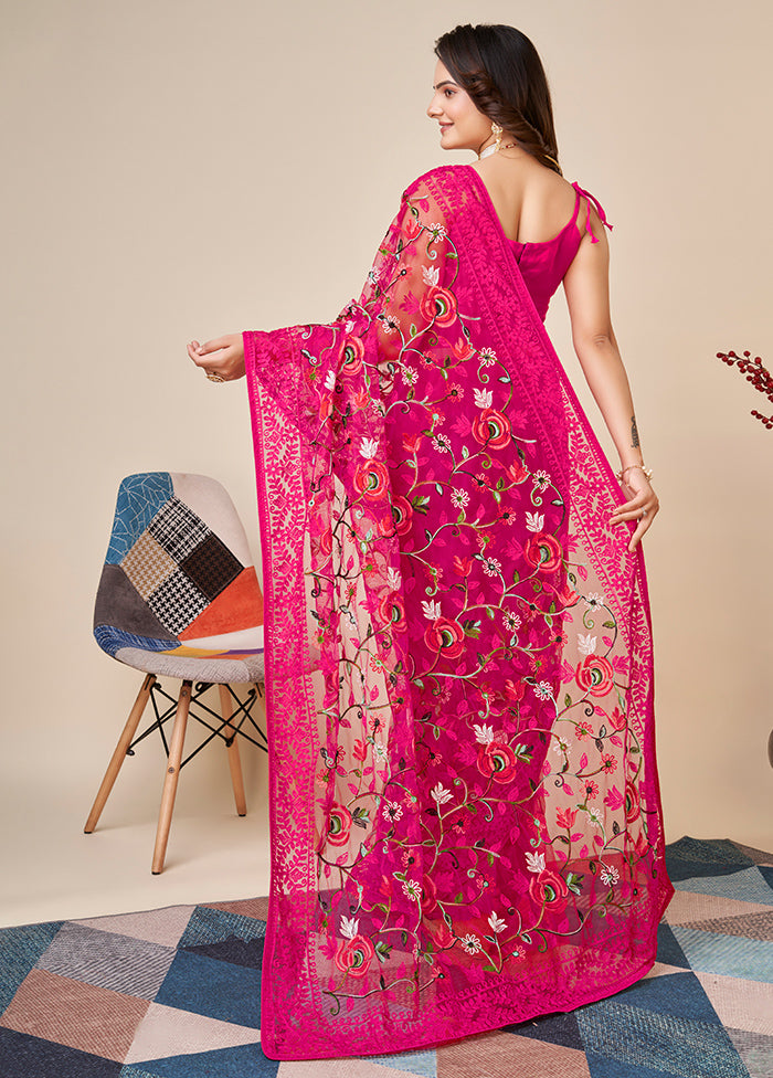 Pink Net Saree With Blouse Piece