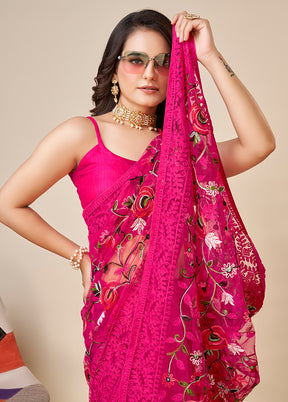 Pink Net Saree With Blouse Piece