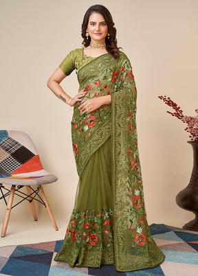 Green Net Saree With Blouse Piece