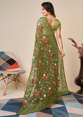 Green Net Saree With Blouse Piece