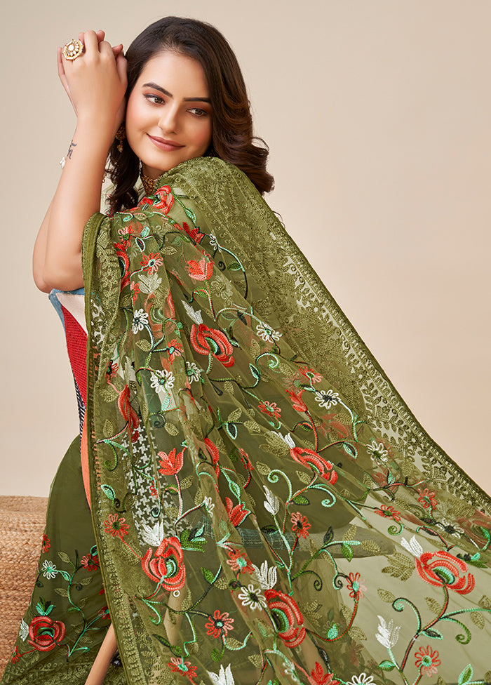 Green Net Saree With Blouse Piece