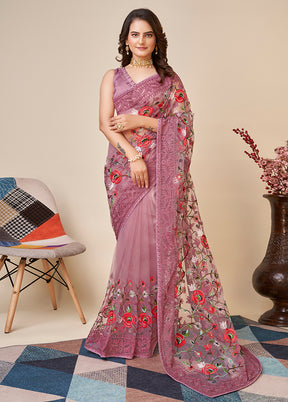 Coral Net Saree With Blouse Piece