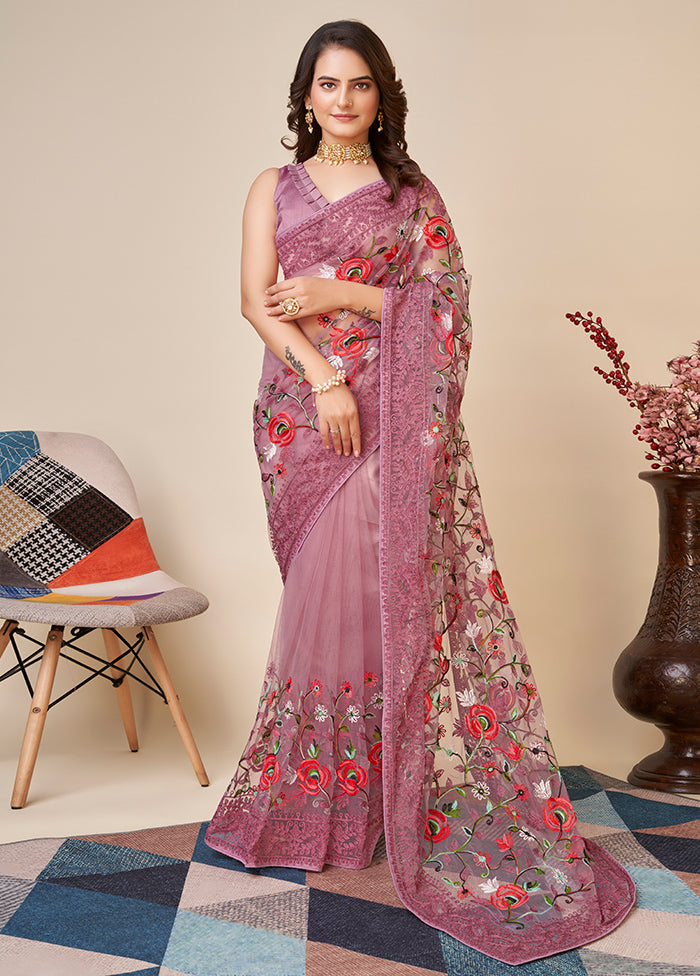 Coral Net Saree With Blouse Piece