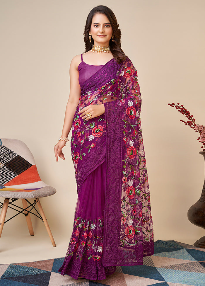 Purple Net Saree With Blouse Piece