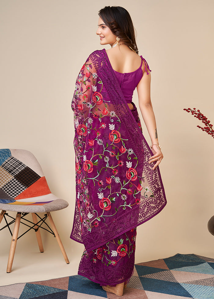 Purple Net Saree With Blouse Piece