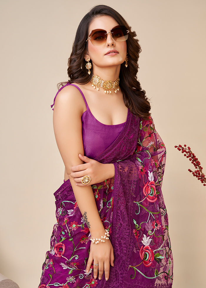 Purple Net Saree With Blouse Piece