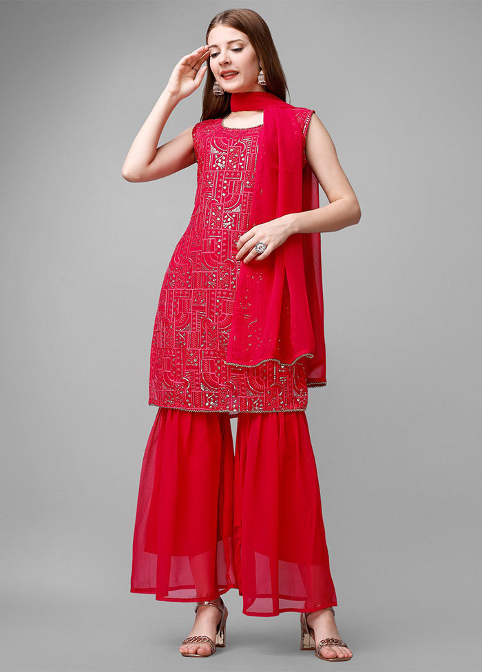 3 Pc Red Readymade Georgette Suit Set