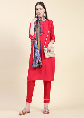 3 Pc Red Readymade Viscose Suit Set