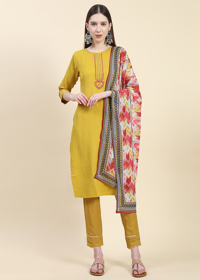 3 Pc Yellow Readymade Viscose Suit Set