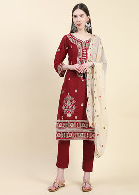 3 Pc Maroon Readymade Viscose Suit Set