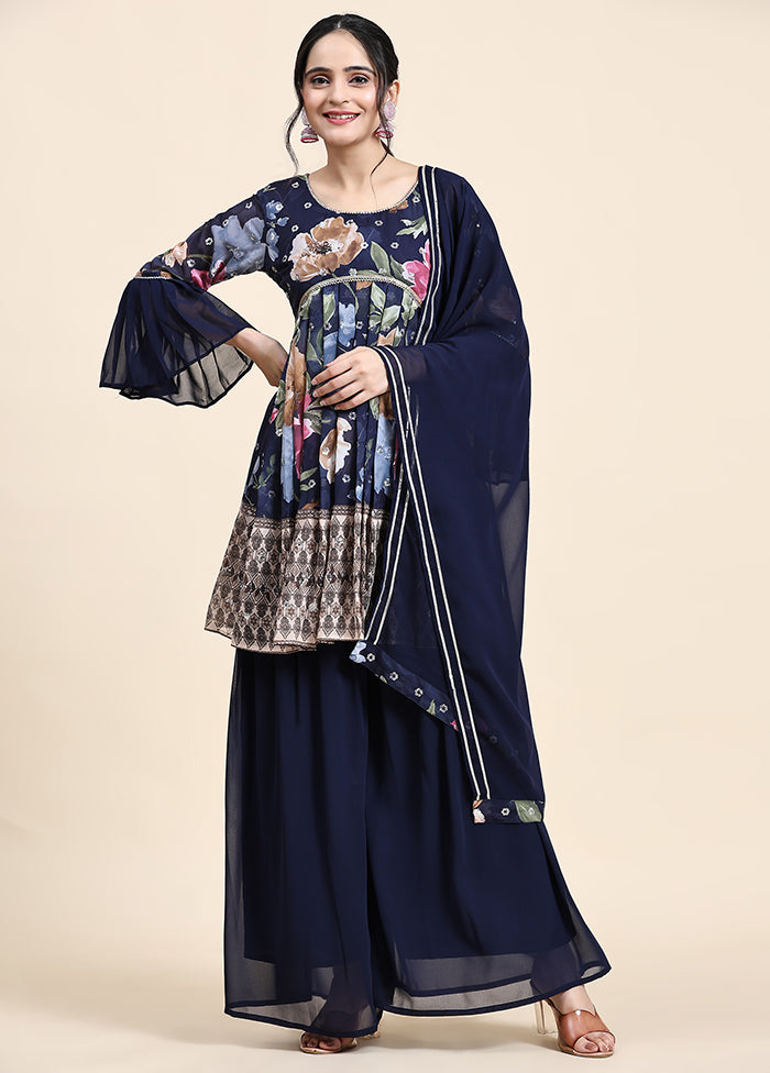 3 Pc Navy Blue Readymade Georgette Suit Set