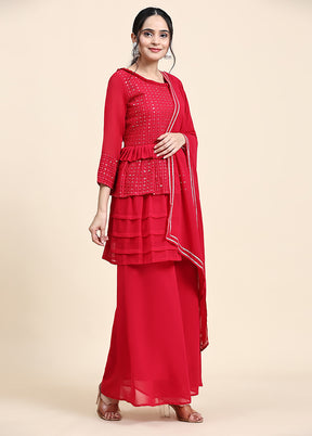 3 Pc Red Readymade Georgette Suit Set