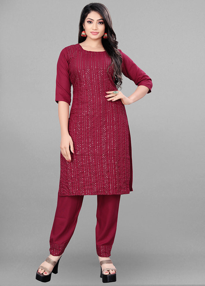 3 Pc Maroon Readymade Rayon Suit Set