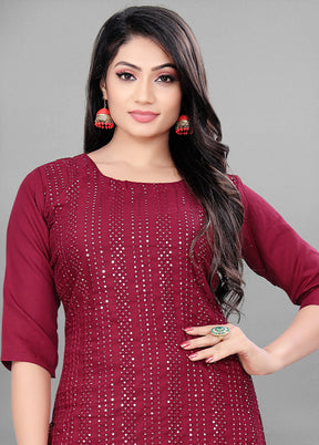 3 Pc Maroon Readymade Rayon Suit Set