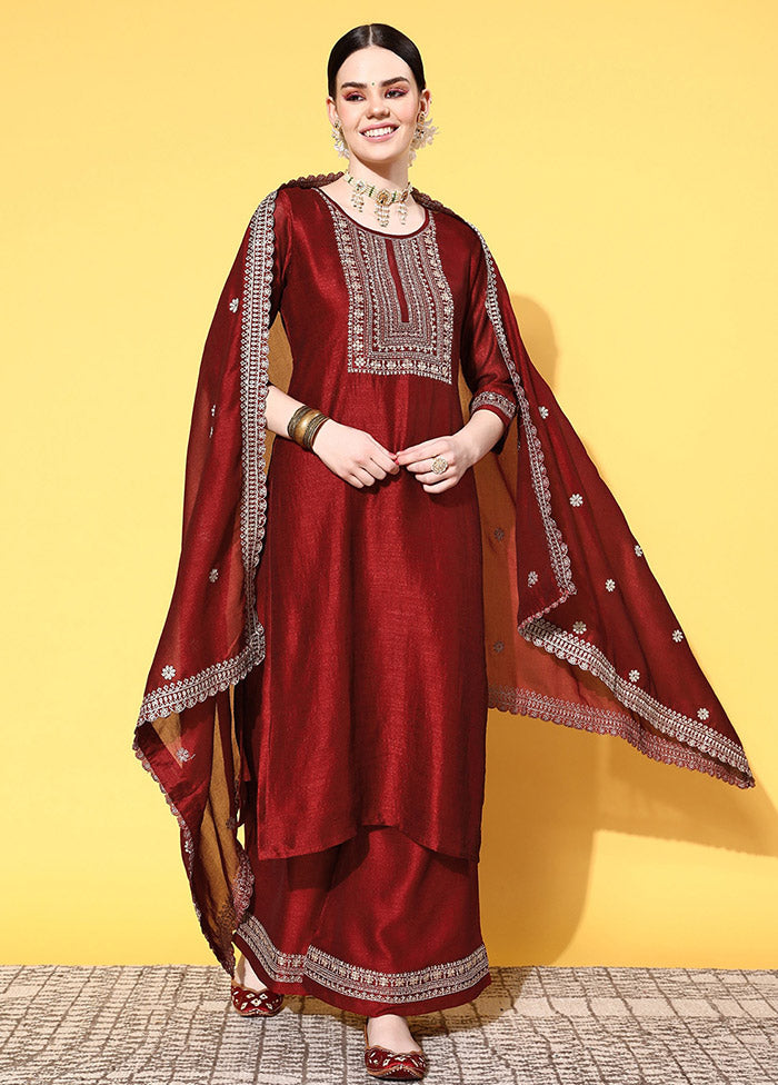 3 Pc Maroon Readymade Silk Suit Set