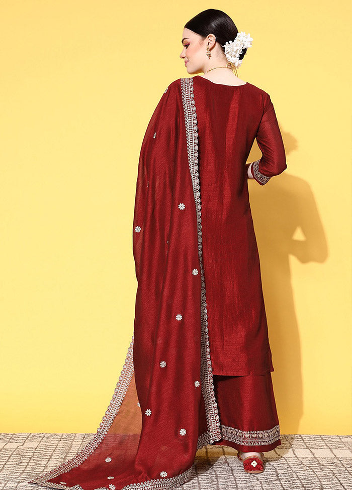 3 Pc Maroon Readymade Silk Suit Set