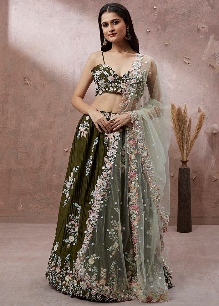 3 Pc Olive Green Georgette Semi Stitched Lehenga Set