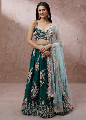 3 Pc Teal Georgette Semi Stitched Lehenga Set