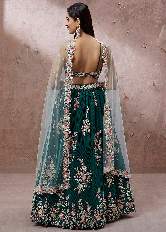 3 Pc Teal Georgette Semi Stitched Lehenga Set