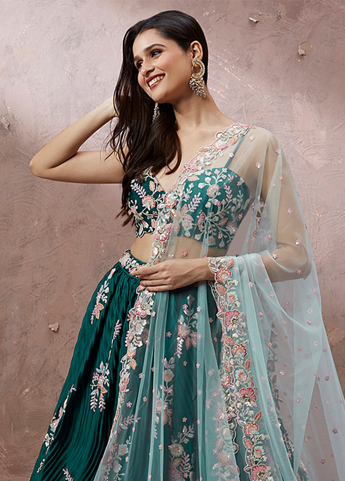 3 Pc Teal Georgette Semi Stitched Lehenga Set