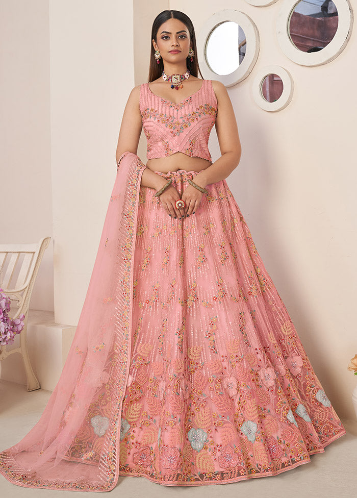 3 Pc Pink Net Semi Stitched Lehenga Set