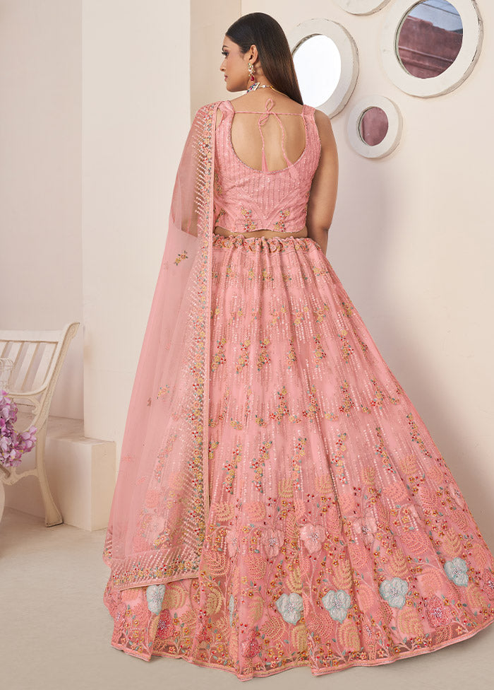 3 Pc Pink Net Semi Stitched Lehenga Set