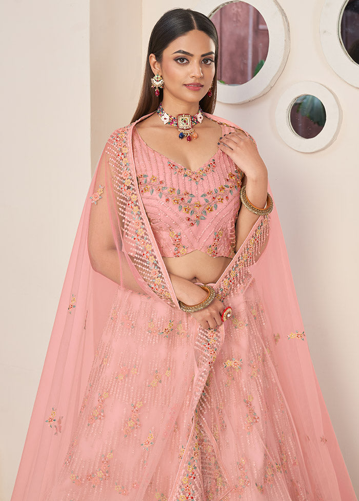 3 Pc Pink Net Semi Stitched Lehenga Set