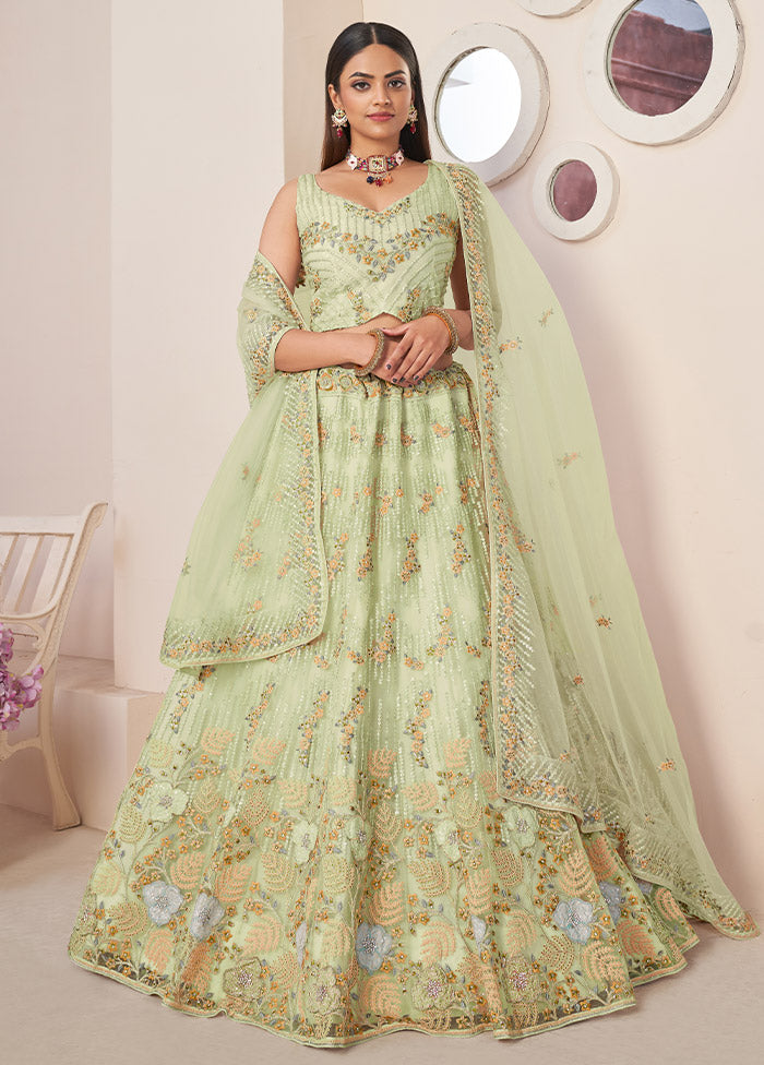 3 Pc Pista Green Net Semi Stitched Lehenga Set